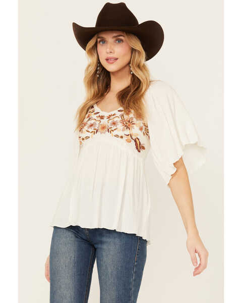 Image #1 - Shyanne Women's Embroidered Bodice Short Sleeve Crinkle Peasant Top , Cream, hi-res