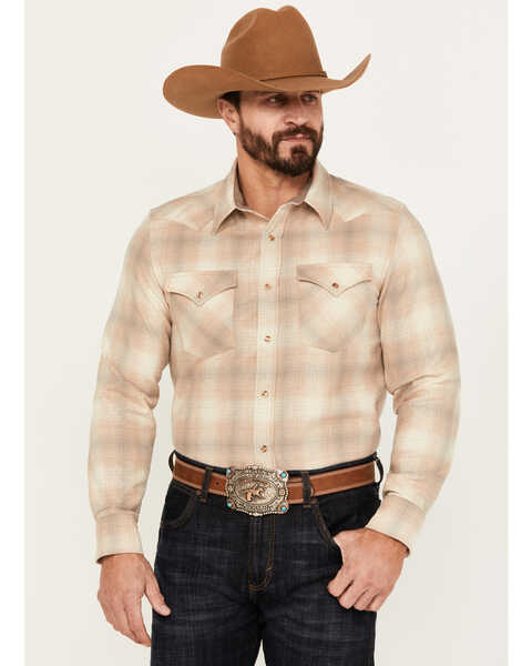 Image #1 - Pendleton Men's Canyon Plaid Print Long Sleeve Western Flannel Snap Shirt , Tan, hi-res