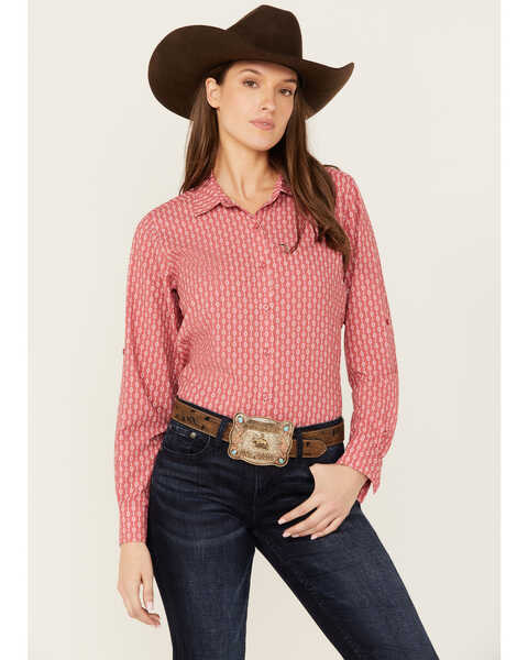 Ariat Women's Southwestern Striped VentTek Long Sleeve Button-Down Western Shirt , Red, hi-res