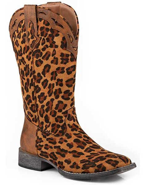 Roper Women's Stella Leopard Print Western Boots - Broad Square Toe , Brown, hi-res