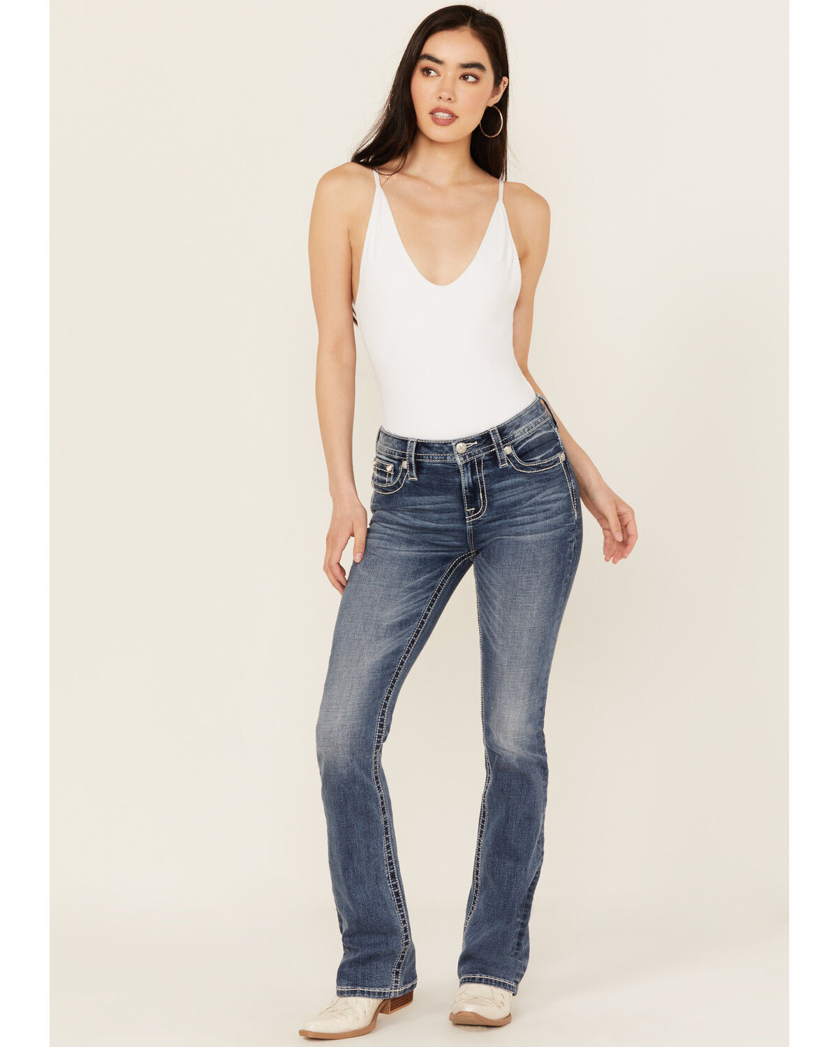 Image #3 - Miss Me Women's Dark Wash Mid Rise Dreamcatcher Pocket Bootcut Stretch Denim Jeans, Dark Wash, hi-res