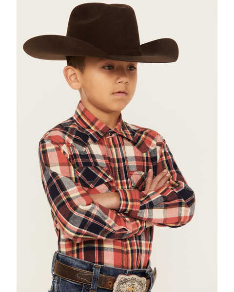 Image #2 - Roper Boys' Plaid Print Long Sleeve Snap Western Flannel Shirt, Red, hi-res