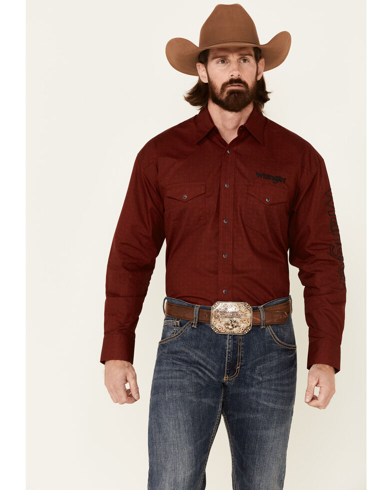 Wrangler Men's Red Print Logo Long Sleeve Snap Western Shirt , Red, hi-res
