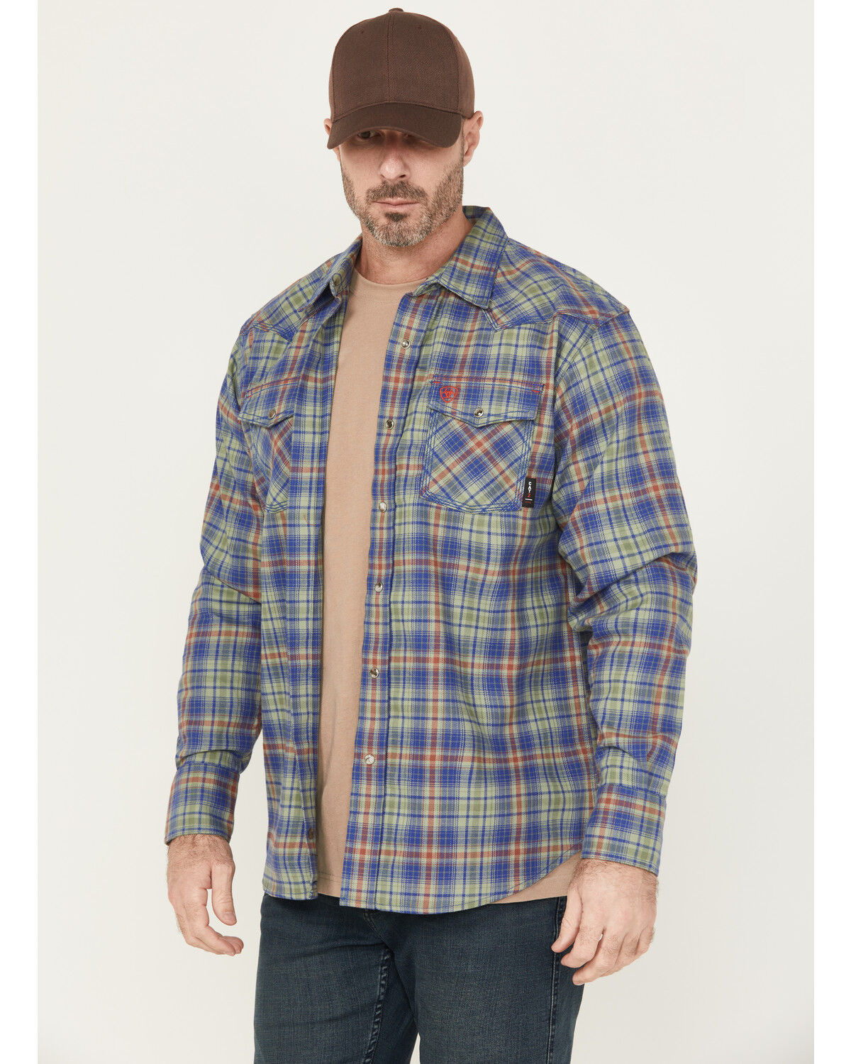Image #2 - Ariat Men's FR Wilshire Plaid Print Long Sleeve Snap Work Shirt, Green, hi-res
