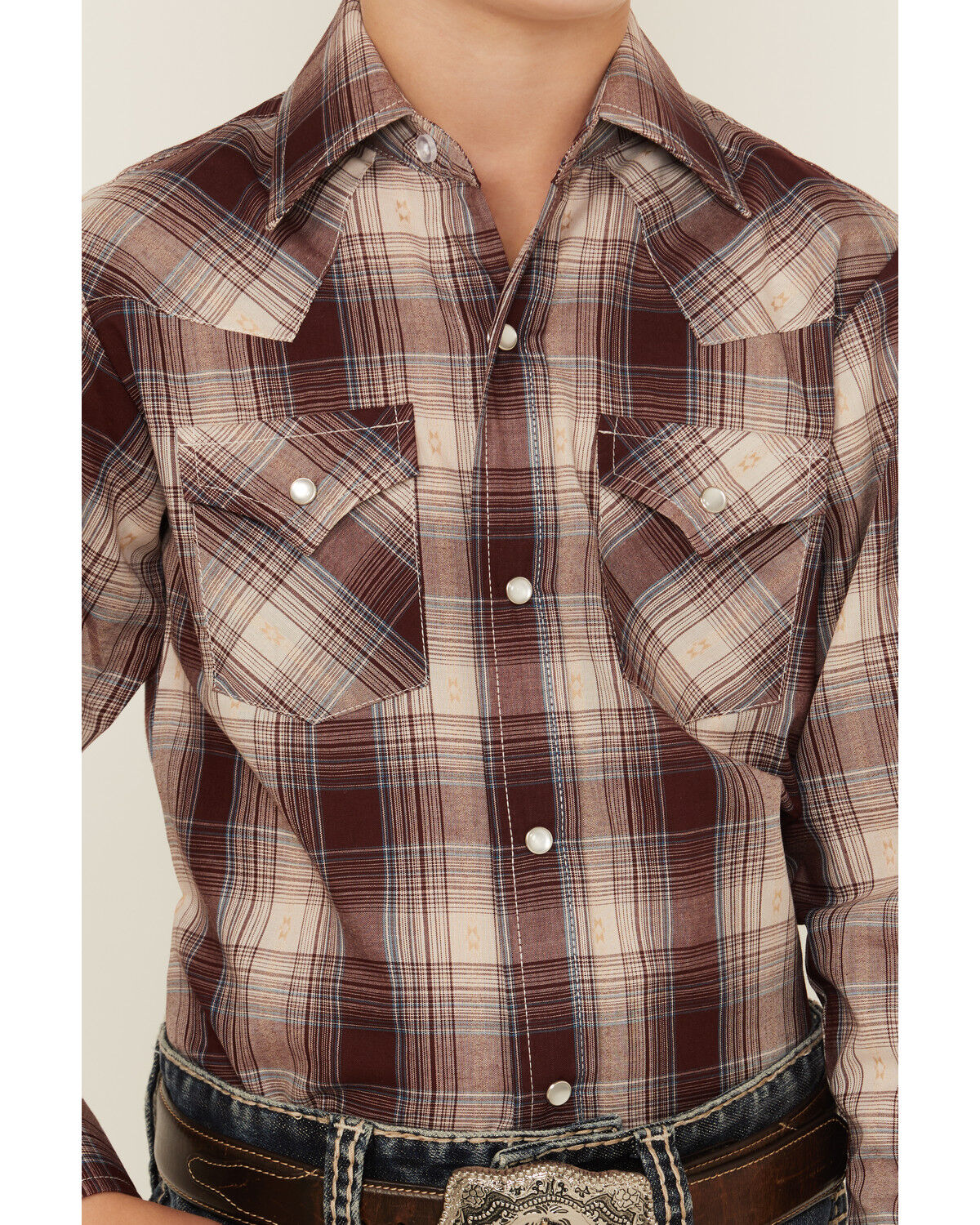 Image #3 - Ely Walker Boys' Plaid Print Long Sleeve Pearl Snap Western Shirt, Burgundy, hi-res