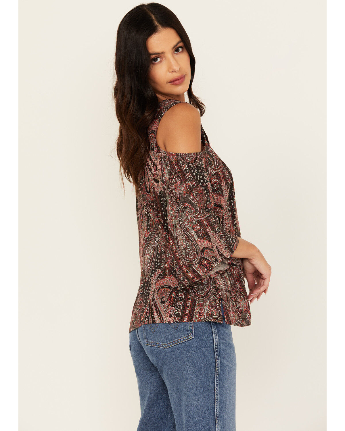Image #2 - Shyanne Women's Printed Cold Shoulder Crochet Trim Top, Chocolate, hi-res