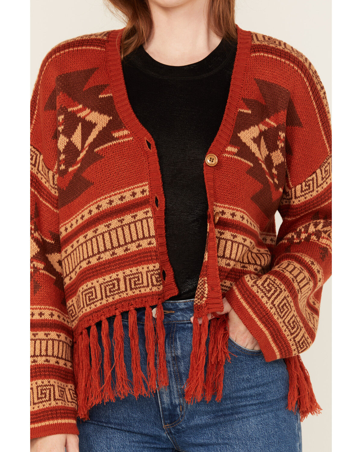 Image #3 - Rock & Roll Denim Women's Southwestern Print Fringe Cardigan, Rust Copper, hi-res