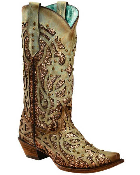 Corral Women's Mint Glitter Inlay Western Boots - Snip Toe , Green, hi-res