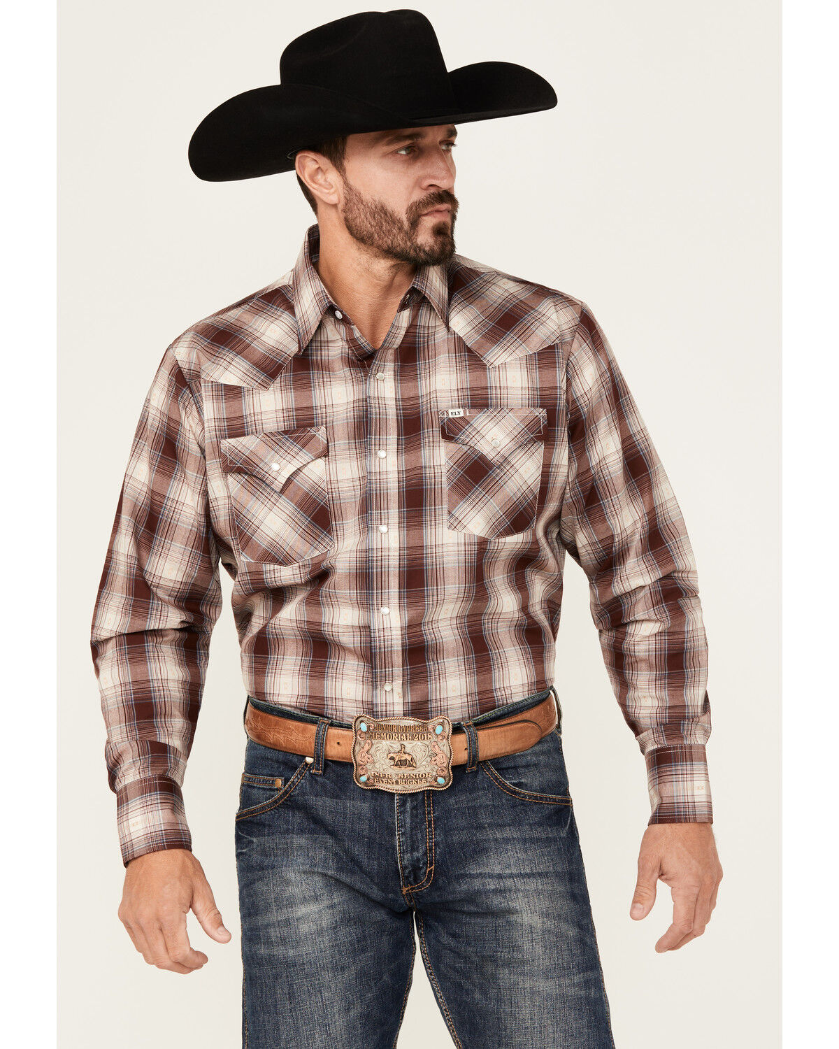 Image #1 - Ely Walker Men's Plaid Print Long Sleeve Pearl Snap Western Shirt, Burgundy, hi-res