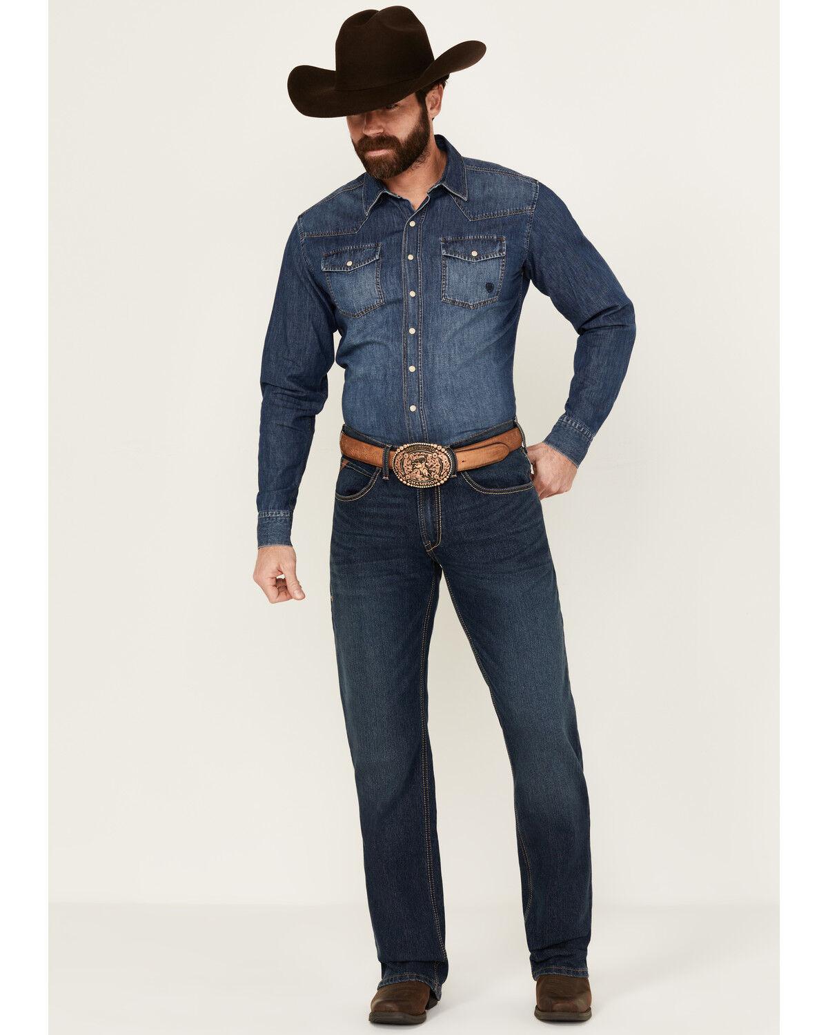 Image #1 - Ariat Men's M4 Dark Wash Colman Porter Relaxed Bootcut Stretch Denim Jeans, Dark Wash, hi-res