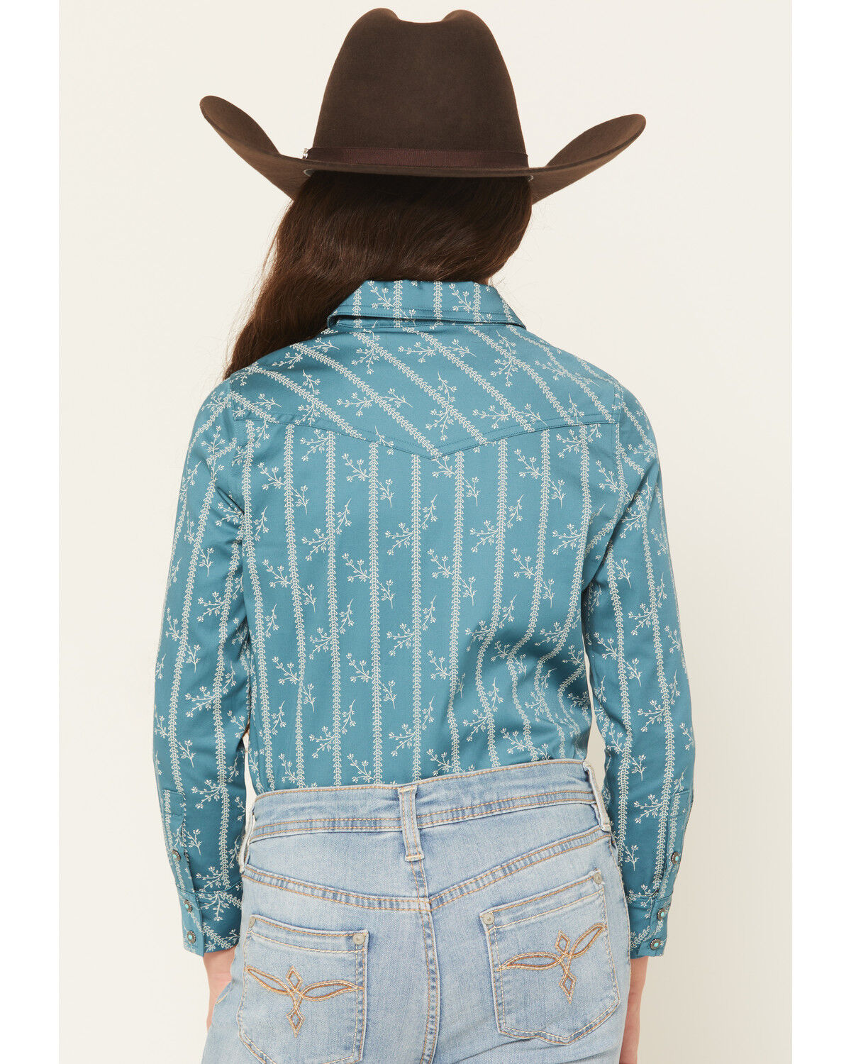 Image #4 - Shyanne Girls' Wallpaper Print Long Sleeve Snap Stretch Western Shirt, Turquoise, hi-res