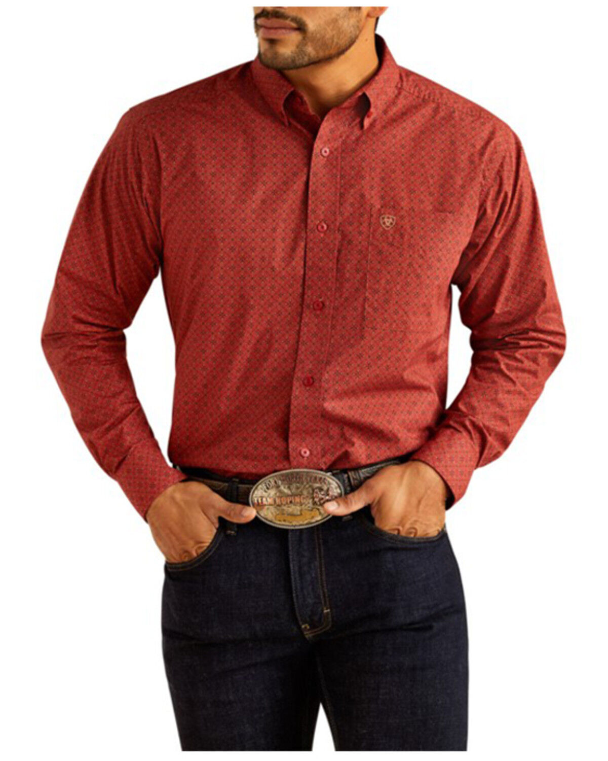 Image #1 - Ariat Men's Sanders Medallion Print Long Sleeve Button-Down Western Shirt, Red, hi-res