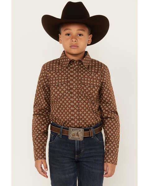 Cody James Boys' Rabbit Foot Southwestern Print Long Sleeve Snap Western Shirt, Dark Brown, hi-res