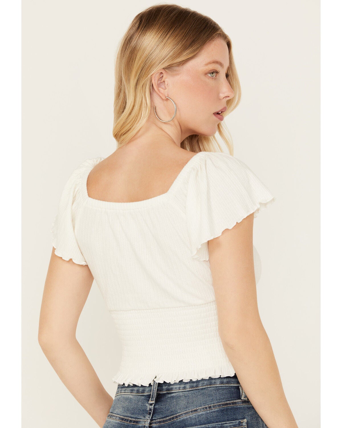 Image #5 - Idyllwind Women's Pointe Flutter Sleeve Smocked Top, Ivory, hi-res