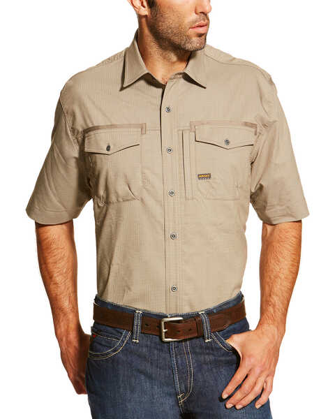 Image #1 - Ariat Men's Rebar Short Sleeve Button Down Work Shirt , Beige/khaki, hi-res