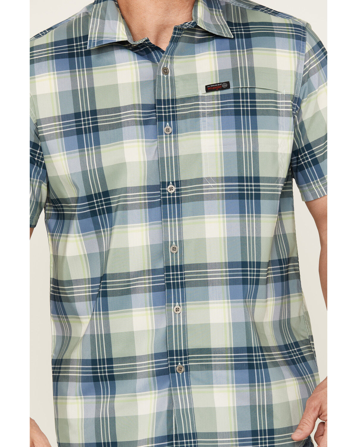 Image #3 - ATG by Wrangler Cedar Plaid Print Short Sleeve Button-Down Performance Western Shirt, Light Green, hi-res