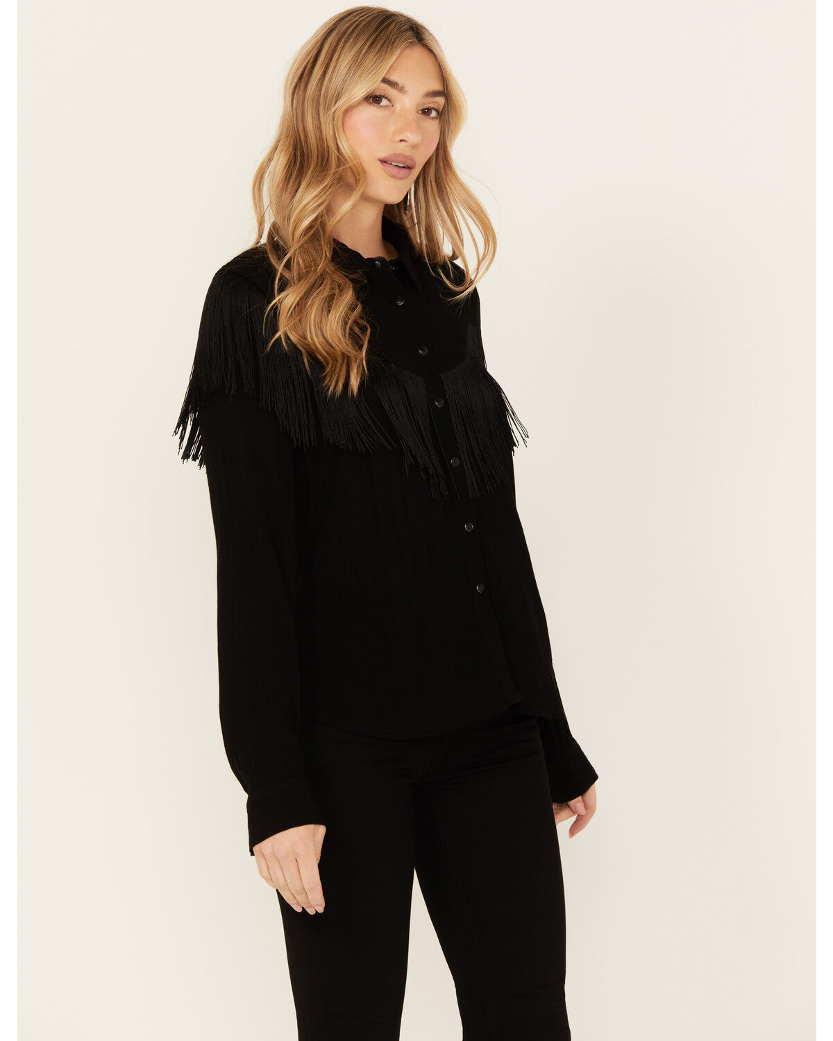 Image #1 - Idyllwind Women's Etta Fringe Western Yoke Long Sleeve Snap Shirt, Black, hi-res