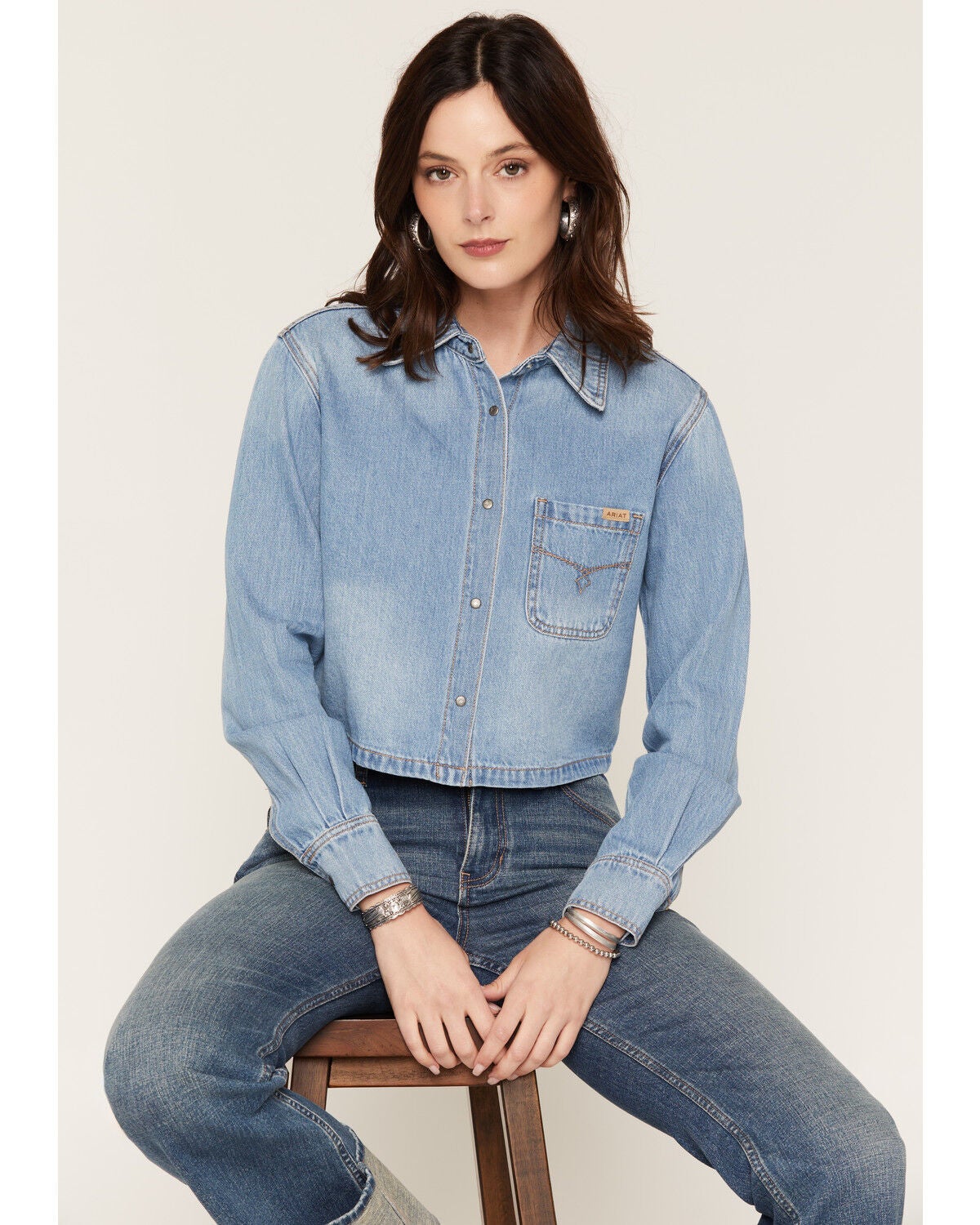 Image #1 - Ariat Women's Alameda Light Wash Long Sleeve Cropped Denim Shirt, Light Wash, hi-res