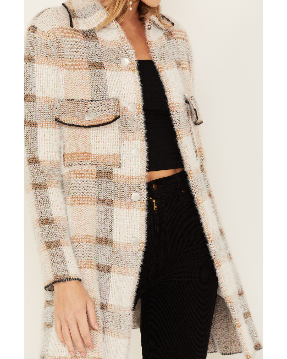 Image #3 - Rock & Roll Denim Women's Plaid Print Eyelash Knit Coat, , hi-res