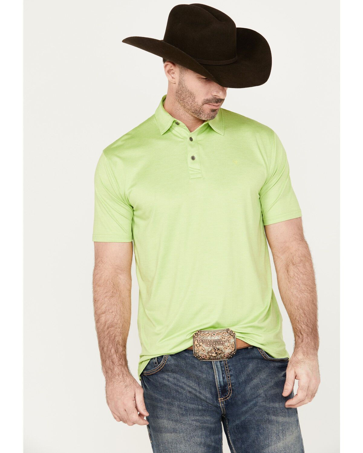 Image #1 - Ariat Men's Charger 2.0 Fitted Short Sleeve Polo Shirt, Bright Green, hi-res