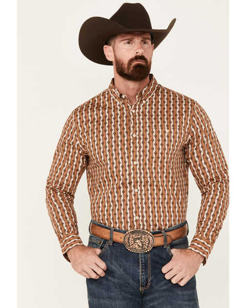 RANK 45® Men's Manvel Southwestern Print Long Sleeve Button-Down Stretch Western Shirt , Lt Brown, hi-res