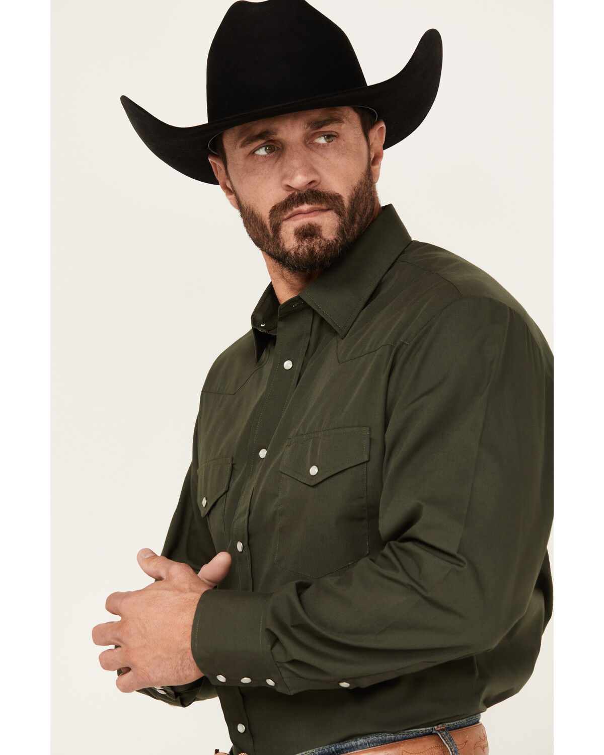 Image #2 - Roper Men's Solid Long Sleeve Pearl Snap Western Shirt, Green, hi-res