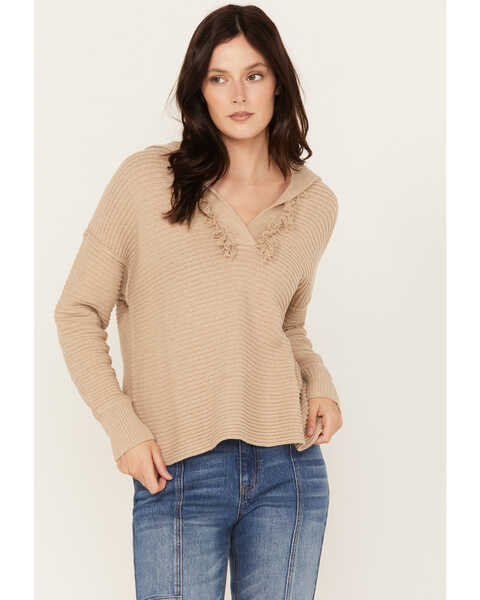 Cleo + Wolf Women's Drop Shoulder Ribbed Sweater, Sand, hi-res