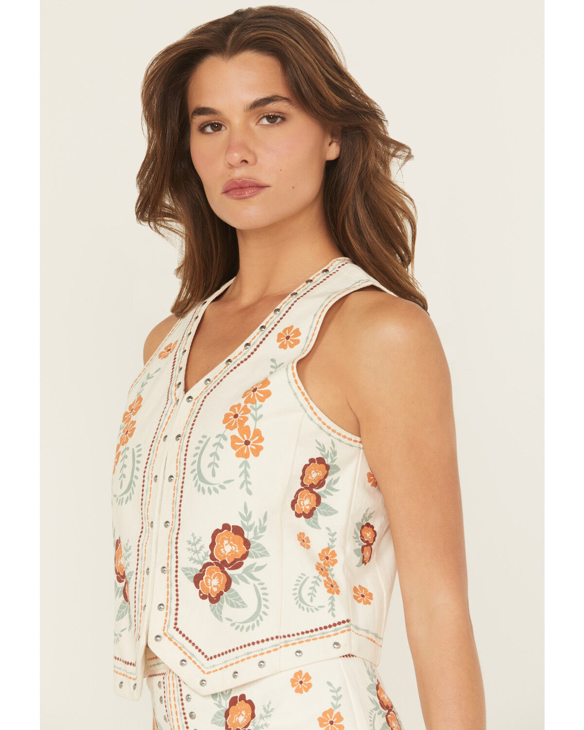 Image #2 - Rock & Roll Denim Women's Floral Print Studded Vest, Cream, hi-res