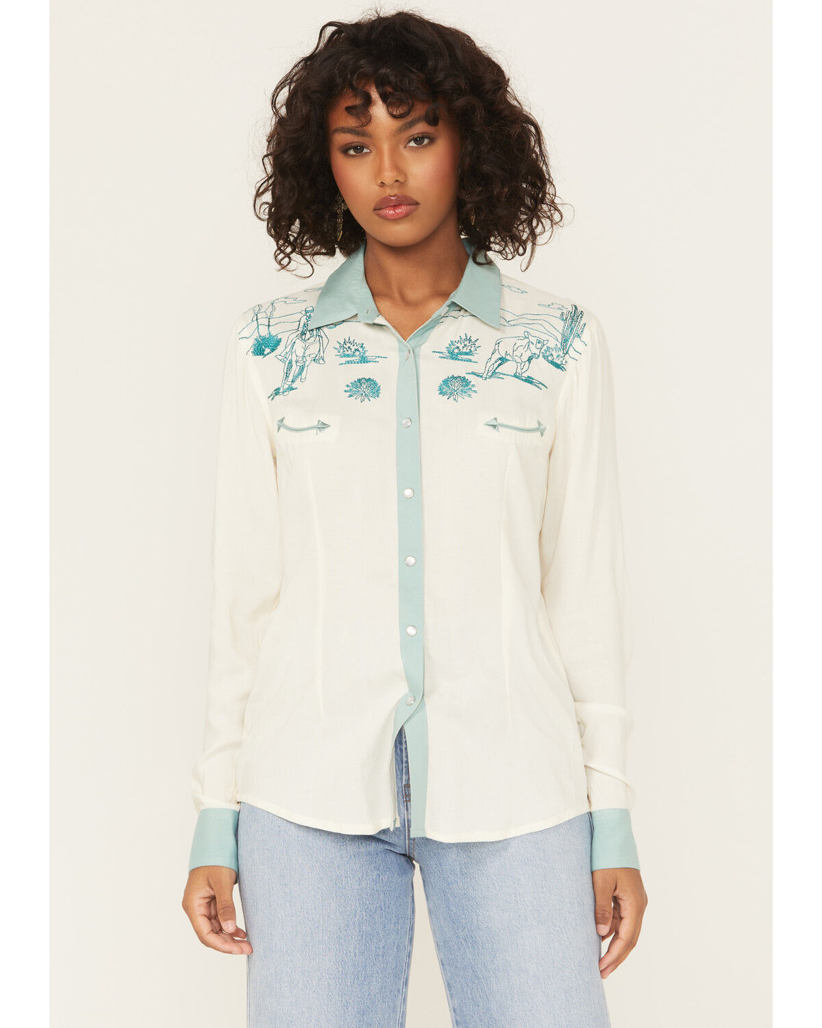Image #1 - Panhandle Women's Retro Roping Cowgirl Embroidered Long Sleeve Pearl Snap Western Shirt, Cream, hi-res