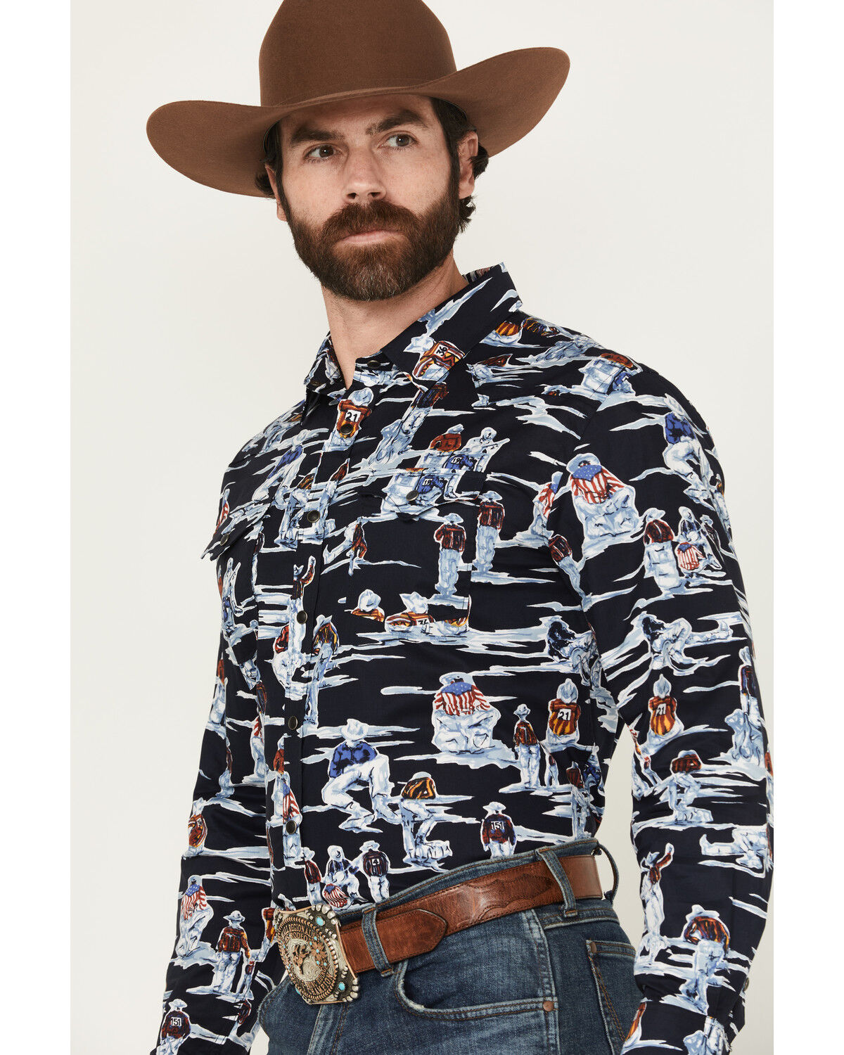 Image #2 - Panhandle Men's Vintage Patriotic Cowboy Long Sleeve Snap Western Shirt, Black, hi-res