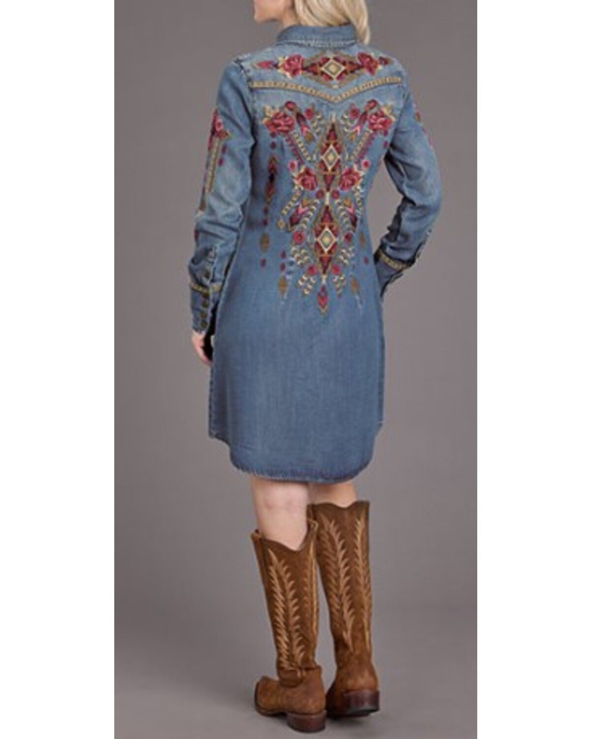 Image #1 - Stetson Women's Medium Wash Long Sleeve Embroidered Snap Denim Mini Dress, Medium Wash, hi-res