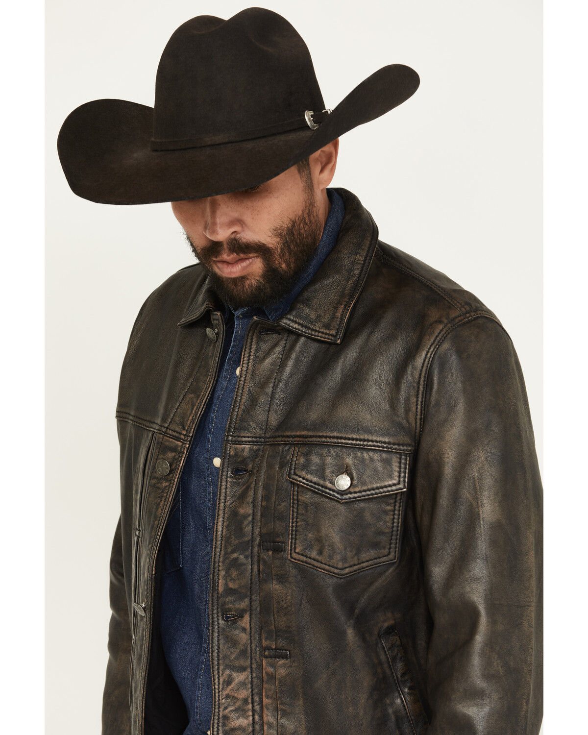 Image #2 - Scully Men's Distressed Leather Trucker Jacket, Black, hi-res