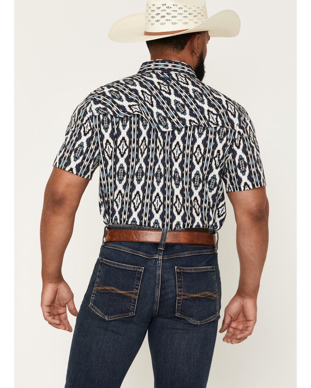 Image #4 - RANK 45&reg; Men's Rodeo Tech 2.0 8 Seconds Southwestern Print Short Sleeve Snap Stretch Performance Shirt, Blue, hi-res