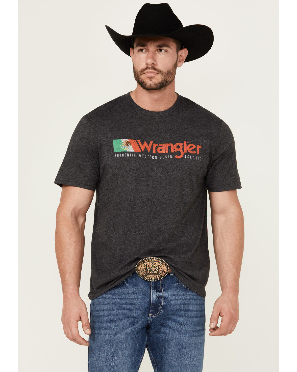 Image #1 - Wrangler Men's Mexico Flag Logo Short Sleeve Graphic Print T-Shirt, Charcoal, hi-res