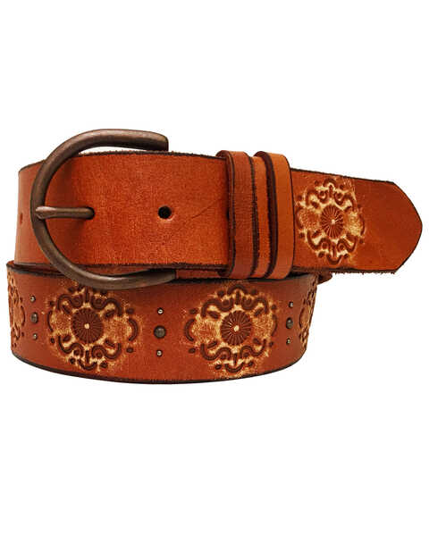 Cowgirls Rock Women's Embossed Studded Leather Belt, Tan, hi-res