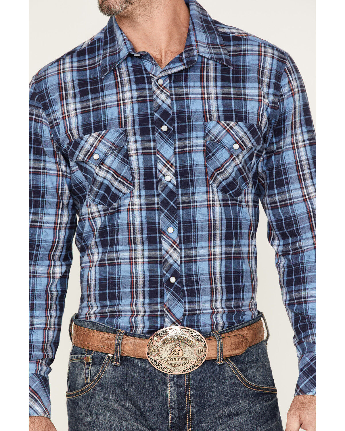 Image #3 - Rock & Roll Denim Men's Medium Plaid Stretch Long Sleeve Pearl Snap Shirt, Blue, hi-res
