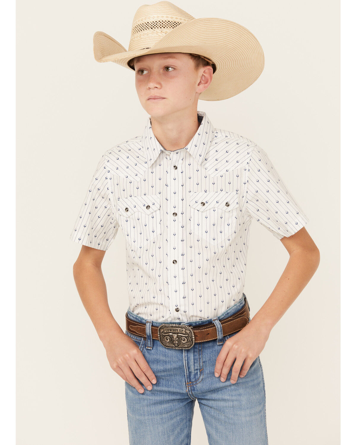Image #1 - Cody James Boys' Challenger Horseshoe Print Short Sleeve Snap Western Shirt, White, hi-res