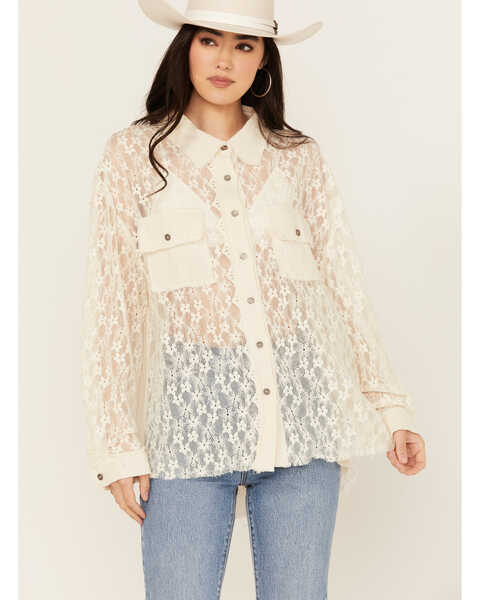People of Leisure Women's Floral Lace Long Sleeve Button-Down Shirt , White, hi-res