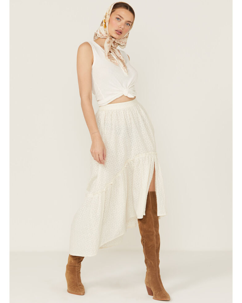 Shyanne Women's White Eyelet Hi Low Maxi Skirt, White, hi-res