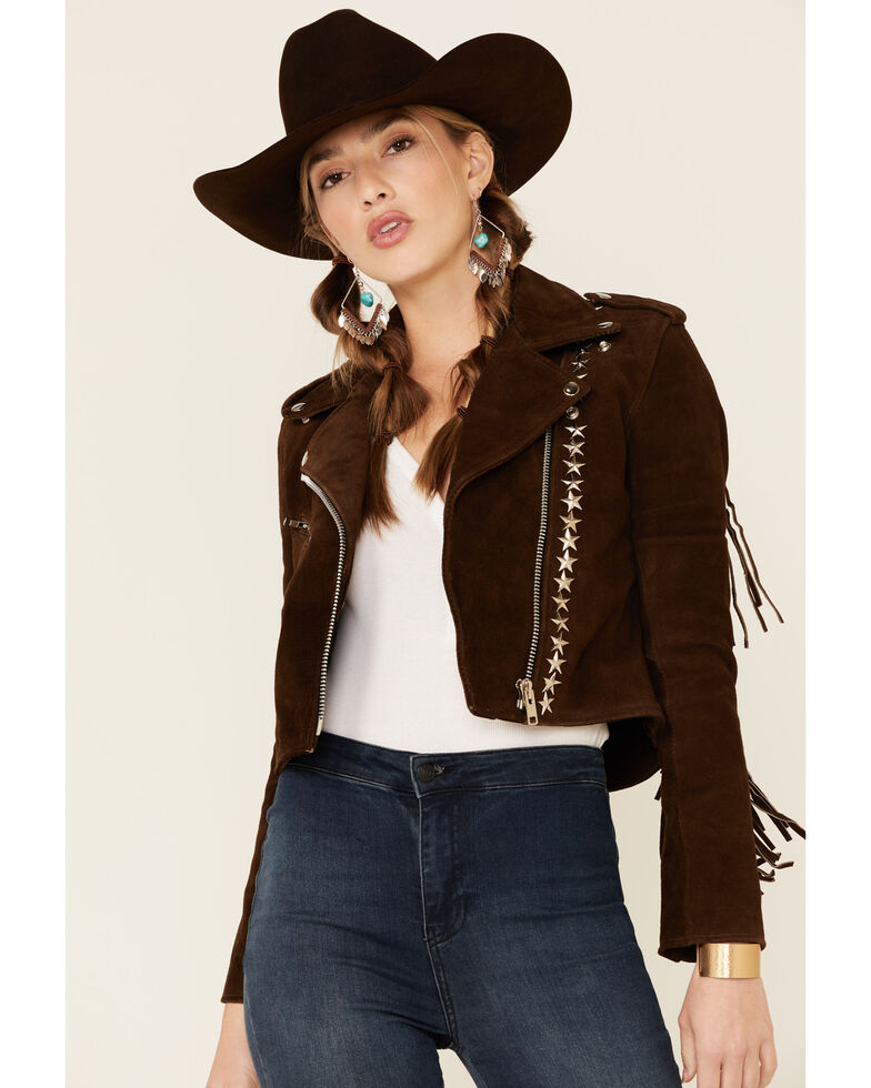 Understated Leather Women's Tan Paris Texas Star Studded Jacket , Tan, hi-res