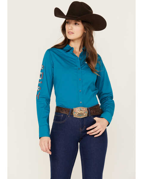 Image #2 - Ariat Women's Team Kirby Long Sleeve Button Down Stretch Western Shirt - Plus, Teal, hi-res