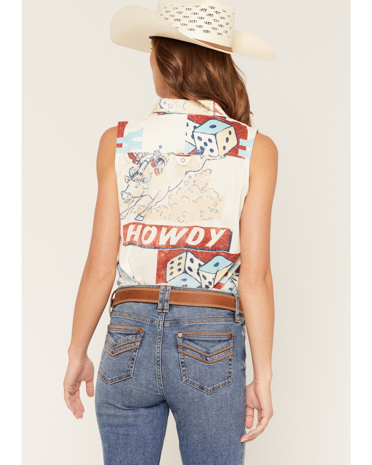 Image #4 - Shyanne Women's Santa Clara Conversation Print Sleeveless Snap Western Shirt, Cream, hi-res