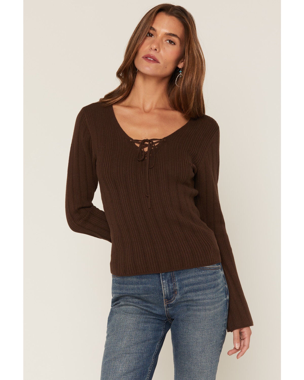Shyanne Women's Stinner Open V-Neck Sweater, Dark Brown, hi-res