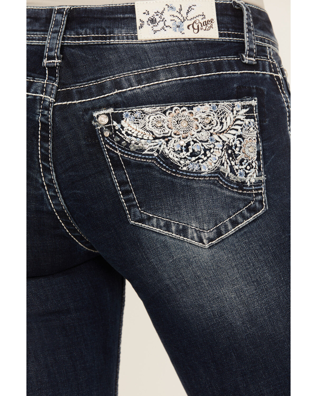 Image #2 - Grace in LA Women's Medium Wash Low Rise Floral Embroidered Pocket Stretch Bootcut Jeans, , hi-res