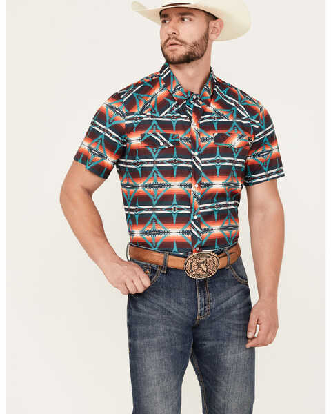Image #1 - Rock & Roll Denim Southwestern Striped Short Sleeve Snap Performance Western Shirt, Multi, hi-res