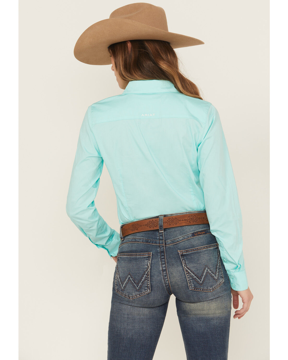 Image #4 - Ariat Women's Boot Barn Exclusive Solid Kirby Long Sleeve Button-Down Stretch Western Shirt, Blue, hi-res
