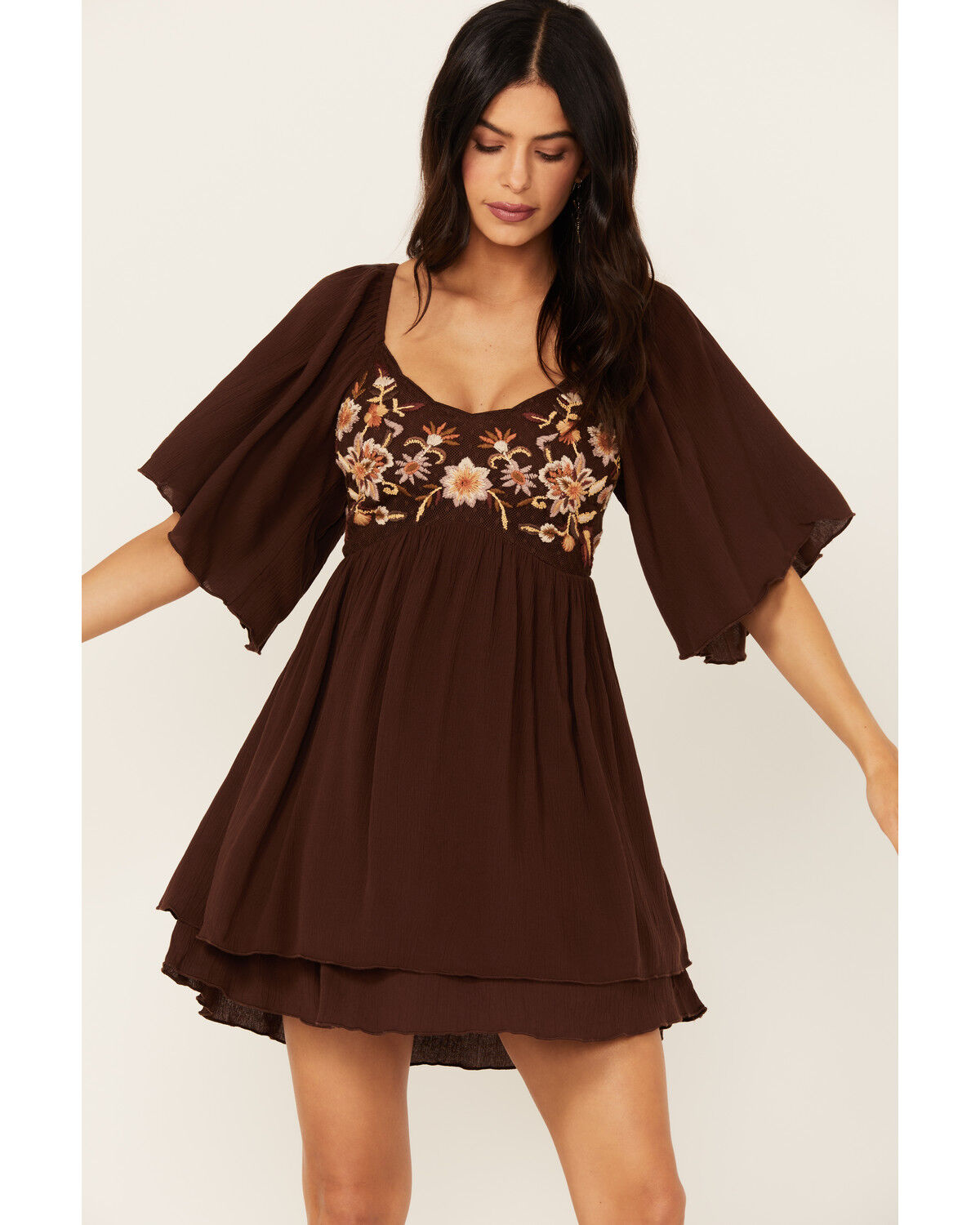 Image #1 - Shyanne Women's Embroidered Mesh Crinkle Mini Dress, Dark Brown, hi-res