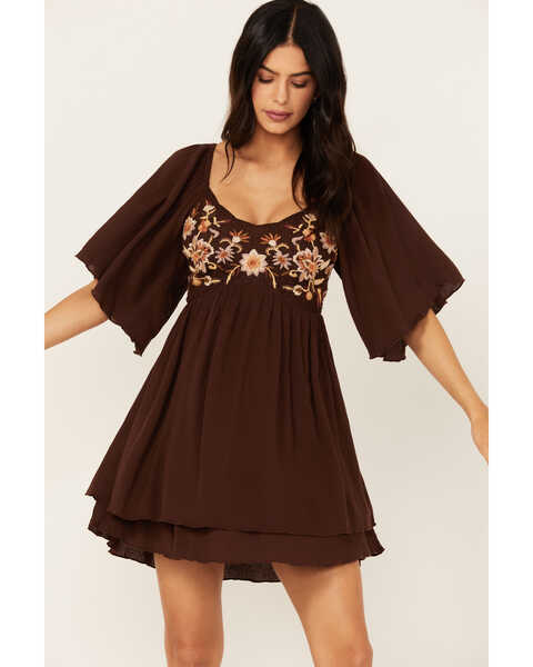 Image #1 - Shyanne Women's Embroidered Mesh Crinkle Dress, Dark Brown, hi-res