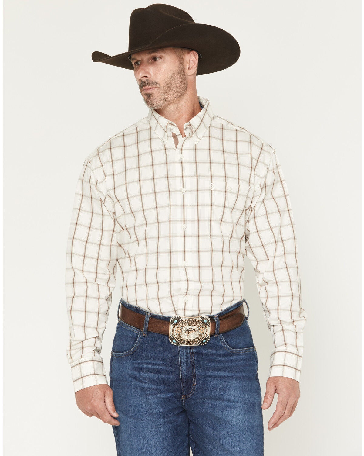 Image #1 - George Strait by Wrangler Men's Plaid Print Long Sleeve Button-Down Stretch Western Shirt - Tall, Cream, hi-res