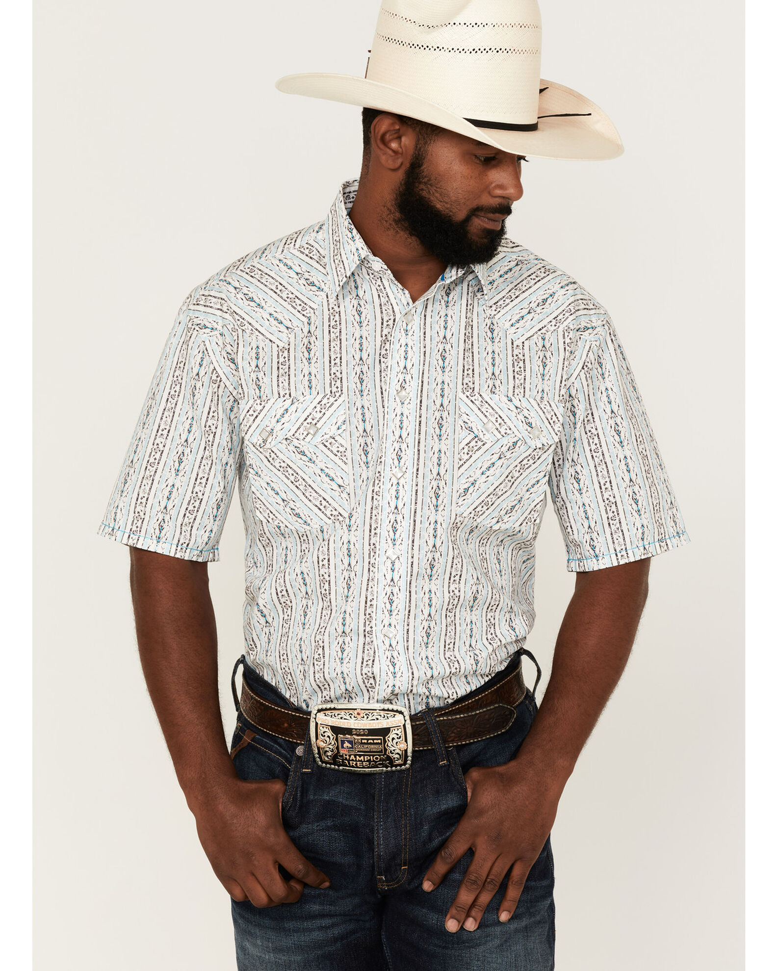 Plains Western Wear Pearl Snap Shirt 2X Striped Short Sleeve Big Man  Pockets